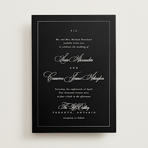 This is a midnight foil stamped wedding invitations with foil pressed by Kelly Schmidt called greenwood printing on signature in standard