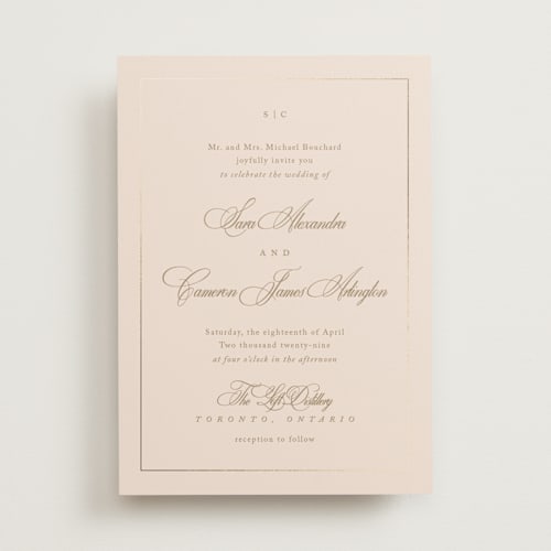 This is a champagne foil stamped wedding invitations with foil pressed by Kelly Schmidt called greenwood printing on signature in standard