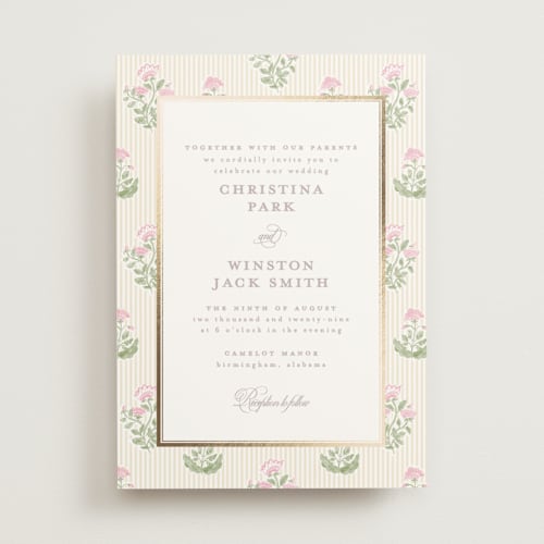 This is a rosebud foil stamped wedding invitations with foil pressed by Creo Study called patterned florals printing on signature in standard