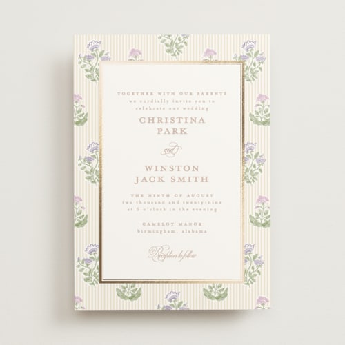 This is a iris foil stamped wedding invitations with foil pressed by Creo Study called patterned florals printing on signature in standard