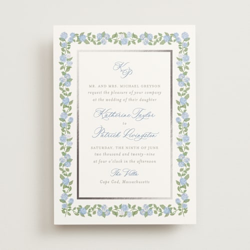 This is a ocean foil stamped wedding invitations with foil pressed by Creo Study called pillowy border printing on signature in standard