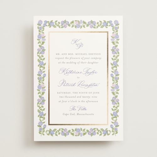 This is a iris foil stamped wedding invitations with foil pressed by Creo Study called pillowy border printing on signature in standard
