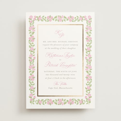 This is a blush foil stamped wedding invitations with foil pressed by Creo Study called pillowy border printing on signature in standard