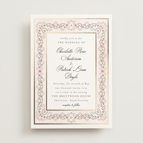 This is a peony foil stamped wedding invitations with foil pressed by Susan Moyal called embrace printing on signature in standard
