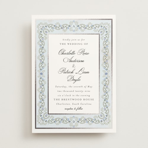This is a marine foil stamped wedding invitations with foil pressed by Susan Moyal called embrace printing on signature in standard
