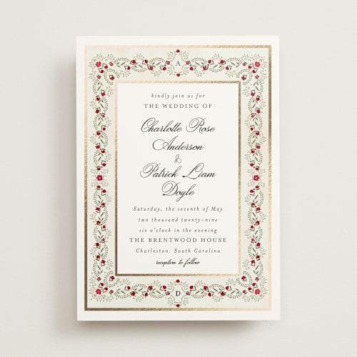 This is a merlot foil stamped wedding invitations with foil pressed by Susan Moyal called embrace printing on signature in standard
