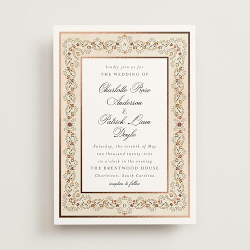 This is a copper foil stamped wedding invitations with foil pressed by Susan Moyal called embrace printing on signature in standard