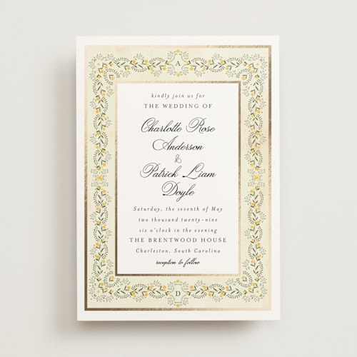 This is a citrus foil stamped wedding invitations with foil pressed by Susan Moyal called embrace printing on signature in standard