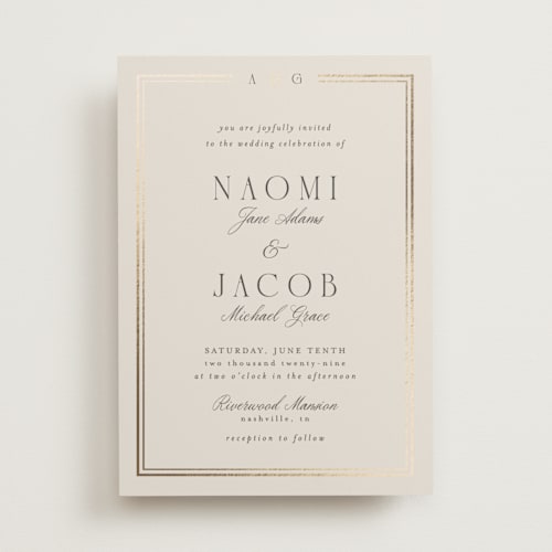 This is a champagne foil stamped wedding invitations with foil pressed by Nicole Walsh called grace printing on signature in standard