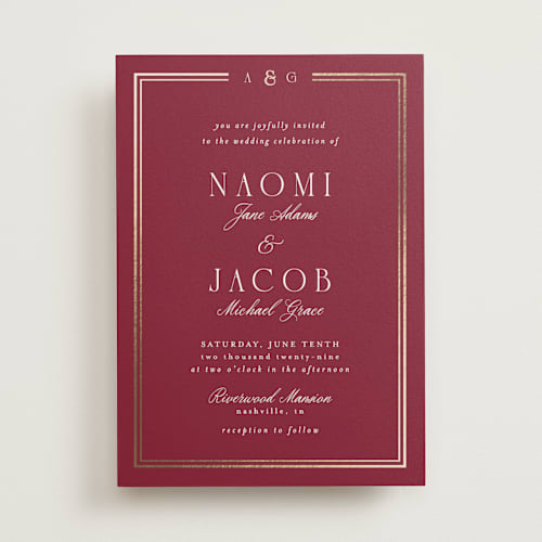 This is a ruby foil stamped wedding invitations with foil pressed by Nicole Walsh called grace printing on signature in standard