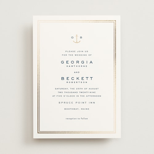 This is a royal navy foil stamped wedding invitations with foil pressed by Olivia Raufman called anchored printing on signature in standard
