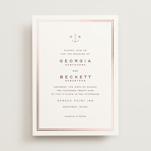 This is a claret foil stamped wedding invitations with foil pressed by Olivia Raufman called anchored printing on signature in standard