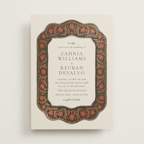 This is a verona sunset foil stamped wedding invitations with foil pressed by Jen Owens called frame printing on signature in standard