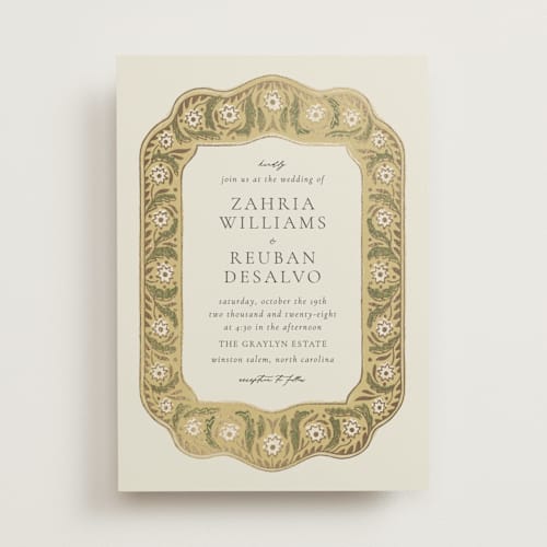 This is a daisy foil stamped wedding invitations with foil pressed by Jen Owens called frame printing on signature in standard
