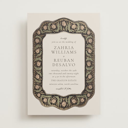 This is a blush peach foil stamped wedding invitations with foil pressed by Jen Owens called frame printing on signature in standard