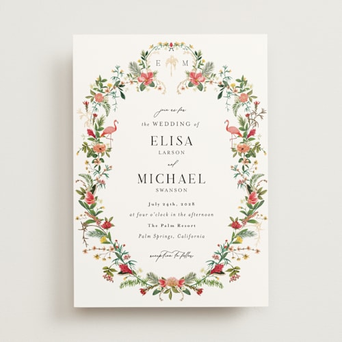 This is a papaya foil stamped wedding invitations with foil pressed by Susan Moyal called tropica printing on signature in standard