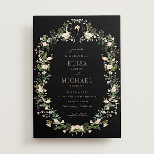 This is a onyx foil stamped wedding invitations with foil pressed by Susan Moyal called tropica printing on signature in standard