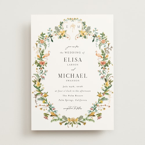 This is a sunshine foil stamped wedding invitations with foil pressed by Susan Moyal called tropica printing on signature in standard