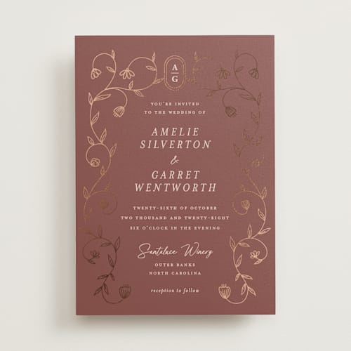 This is a mahogany foil stamped wedding invitations with foil pressed by chocomocacino called cantuccini printing on signature in standard