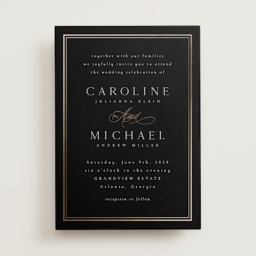 This is a noir foil stamped wedding invitations with foil pressed by Nicole Walsh called lustre printing on signature in standard