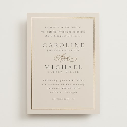 This is a sand foil stamped wedding invitations with foil pressed by Nicole Walsh called lustre printing on signature in standard