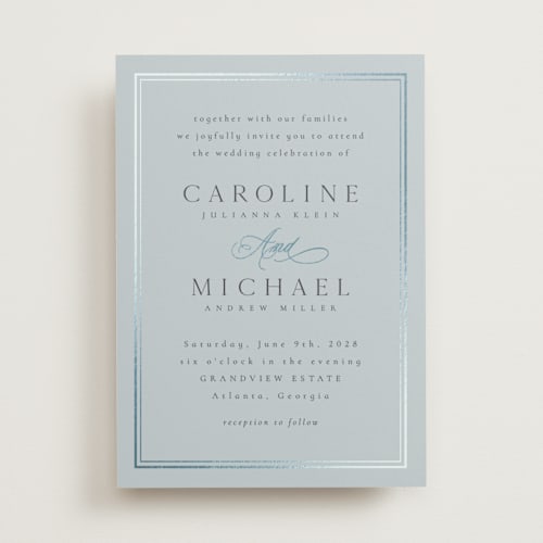 This is a sky foil stamped wedding invitations with foil pressed by Nicole Walsh called lustre printing on signature in standard