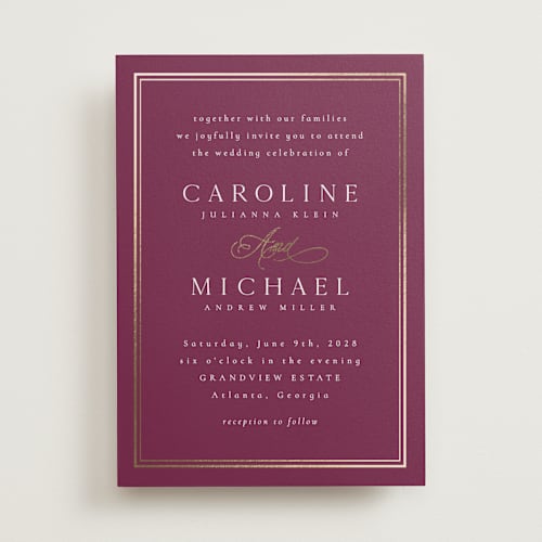 This is a berry foil stamped wedding invitations with foil pressed by Nicole Walsh called lustre printing on signature in standard