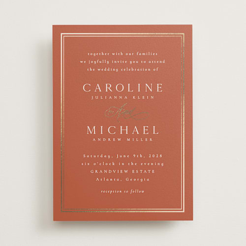 This is a sunset foil stamped wedding invitations with foil pressed by Nicole Walsh called lustre printing on signature in standard
