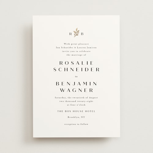 This is a black dahlia foil stamped wedding invitations with foil pressed by Olivia Raufman called petite sprig printing on signature in standard