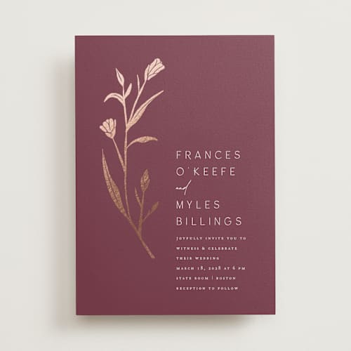 This is a merlot foil stamped wedding invitations with foil pressed by Amy Kross called perennial printing on signature in standard