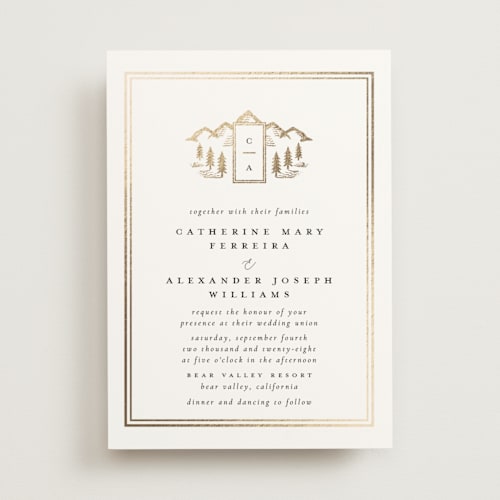 This is a quartz foil stamped wedding invitations with foil pressed by Ana de Sousa called summit serenity printing on signature in standard
