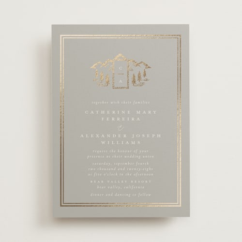 This is a bells foil stamped wedding invitations with foil pressed by Ana de Sousa called summit serenity printing on signature in standard