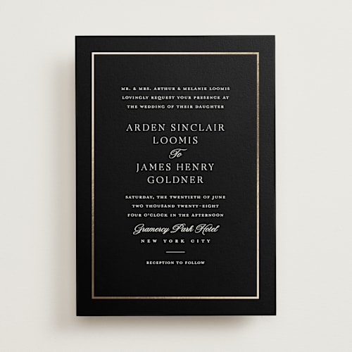 This is a night foil stamped wedding invitations with foil pressed by Stacey Meacham called opulence printing on signature in standard