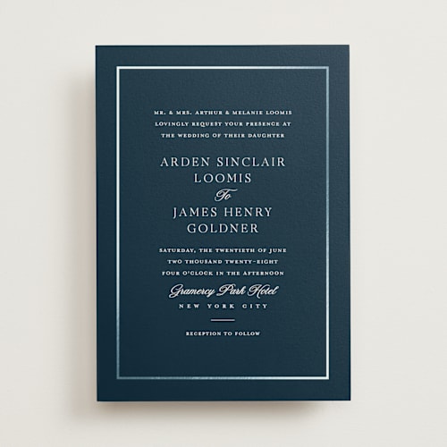 This is a navy foil stamped wedding invitations with foil pressed by Stacey Meacham called opulence printing on signature in standard