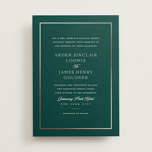 This is a forest foil stamped wedding invitations with foil pressed by Stacey Meacham called opulence printing on signature in standard