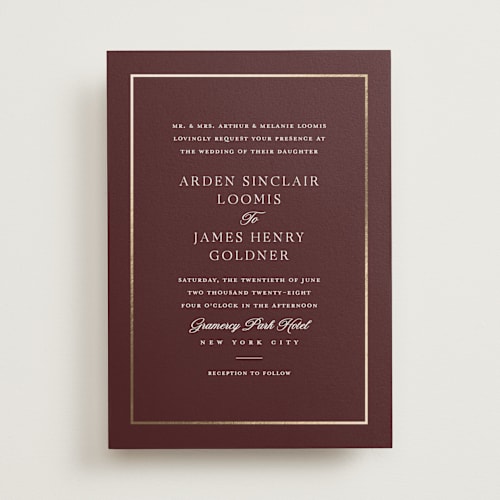 This is a garnet foil stamped wedding invitations with foil pressed by Stacey Meacham called opulence printing on signature in standard