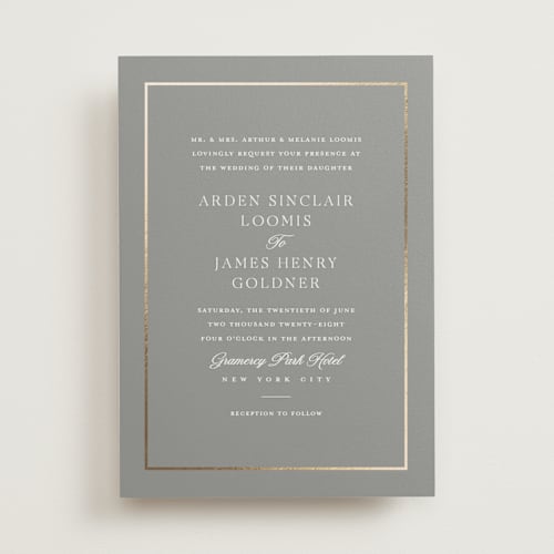 This is a ash foil stamped wedding invitations with foil pressed by Stacey Meacham called opulence printing on signature in standard