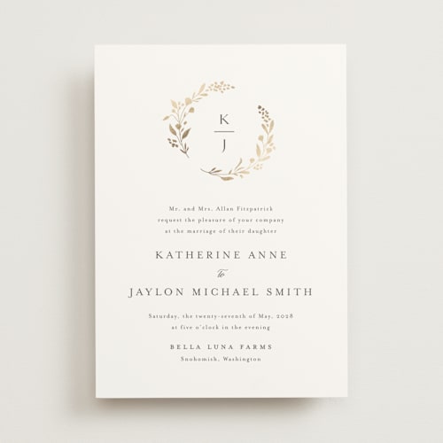This is a cloudy foil stamped wedding invitations with foil pressed by Jennifer Postorino called embrace printing on signature in standard