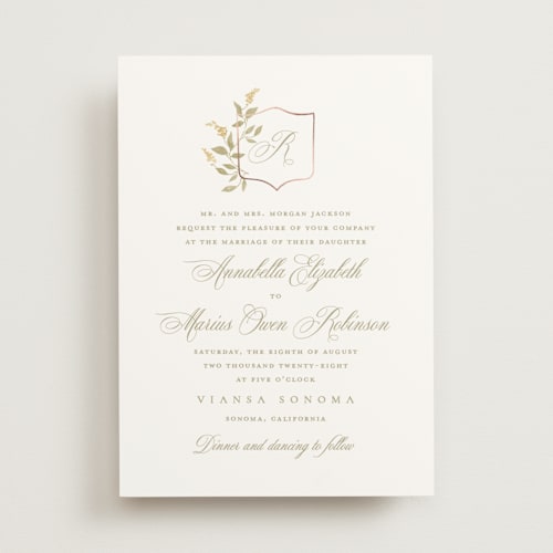 This is a goldenrod foil stamped wedding invitations with foil pressed by Kristie Kern called marmont printing on signature in standard