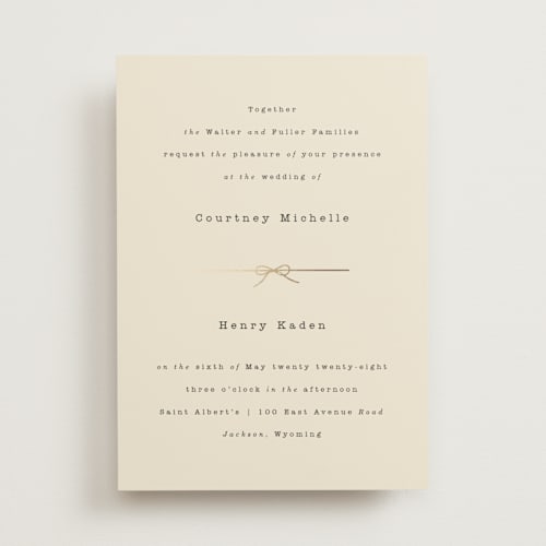 This is a ivory foil stamped wedding invitations with foil pressed by Baumbirdy called bow tie printing on signature in standard