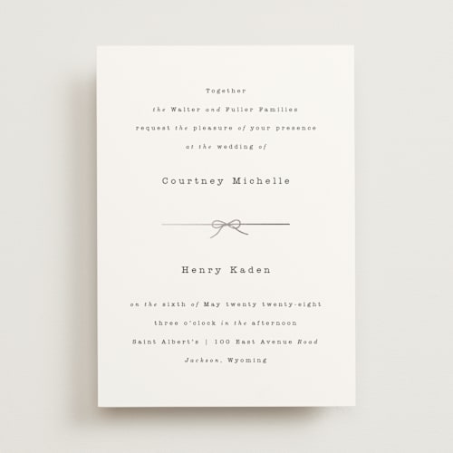 This is a pearl foil stamped wedding invitations with foil pressed by Baumbirdy called bow tie printing on signature in standard