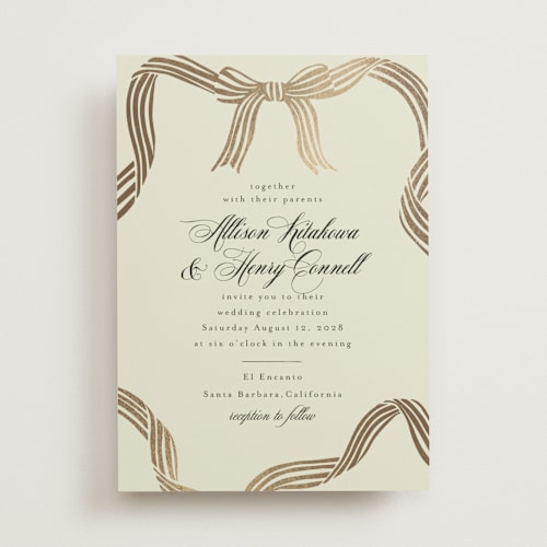 This is a champagne foil stamped wedding invitations with foil pressed by Chris Griffith called all tied up printing on signature in standard
