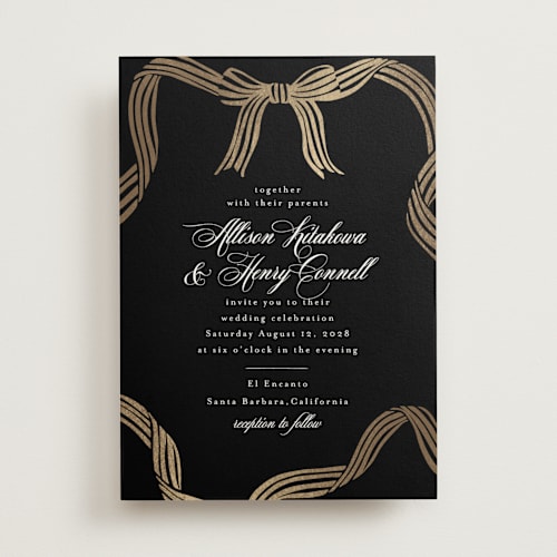 This is a ebony foil stamped wedding invitations with foil pressed by Chris Griffith called all tied up printing on signature in standard