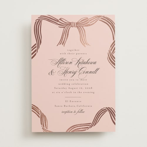 This is a rose foil stamped wedding invitations with foil pressed by Chris Griffith called all tied up printing on signature in standard