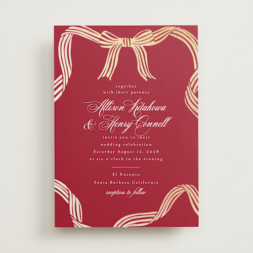 This is a crimson foil stamped wedding invitations with foil pressed by Chris Griffith called all tied up printing on signature in standard