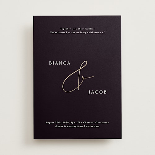 This is a midnight foil stamped wedding invitations with foil pressed by Angela Thompson called eloquent printing on signature in standard