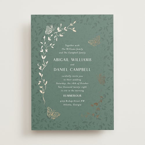 This is a eucalyptus foil stamped wedding invitations with foil pressed by Simona Camp called southern romance printing on signature in standard