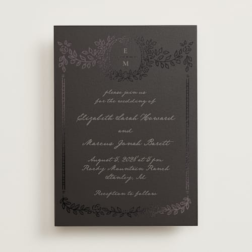 This is a ebony foil stamped wedding invitations with foil pressed by Petra Kern called manuet printing on signature in standard