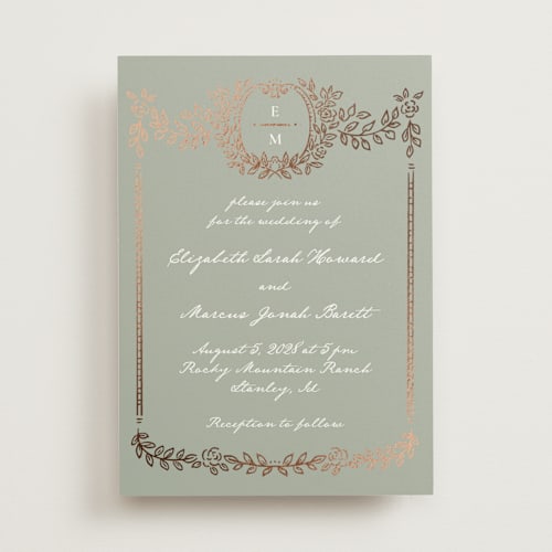 This is a sage foil stamped wedding invitations with foil pressed by Petra Kern called manuet printing on signature in standard