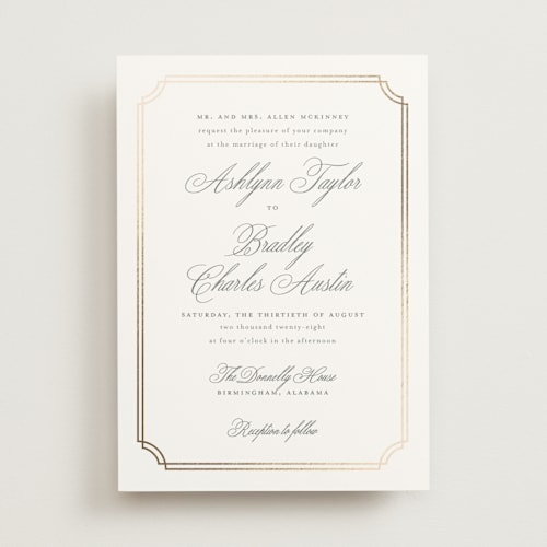 This is a mist foil stamped wedding invitations with foil pressed by Sarah Brown called formally printing on signature in standard